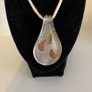 Artisan Italian Glass Silver and Copper Teardrop Pendant on Cord